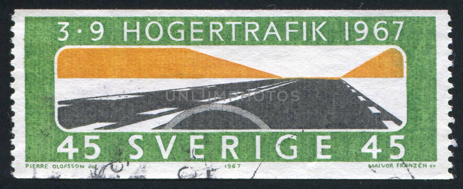 SWEDEN - CIRCA 1967: stamp printed by Sweden, shows Right hand Driving as Seen Through Windshield, circa 1967