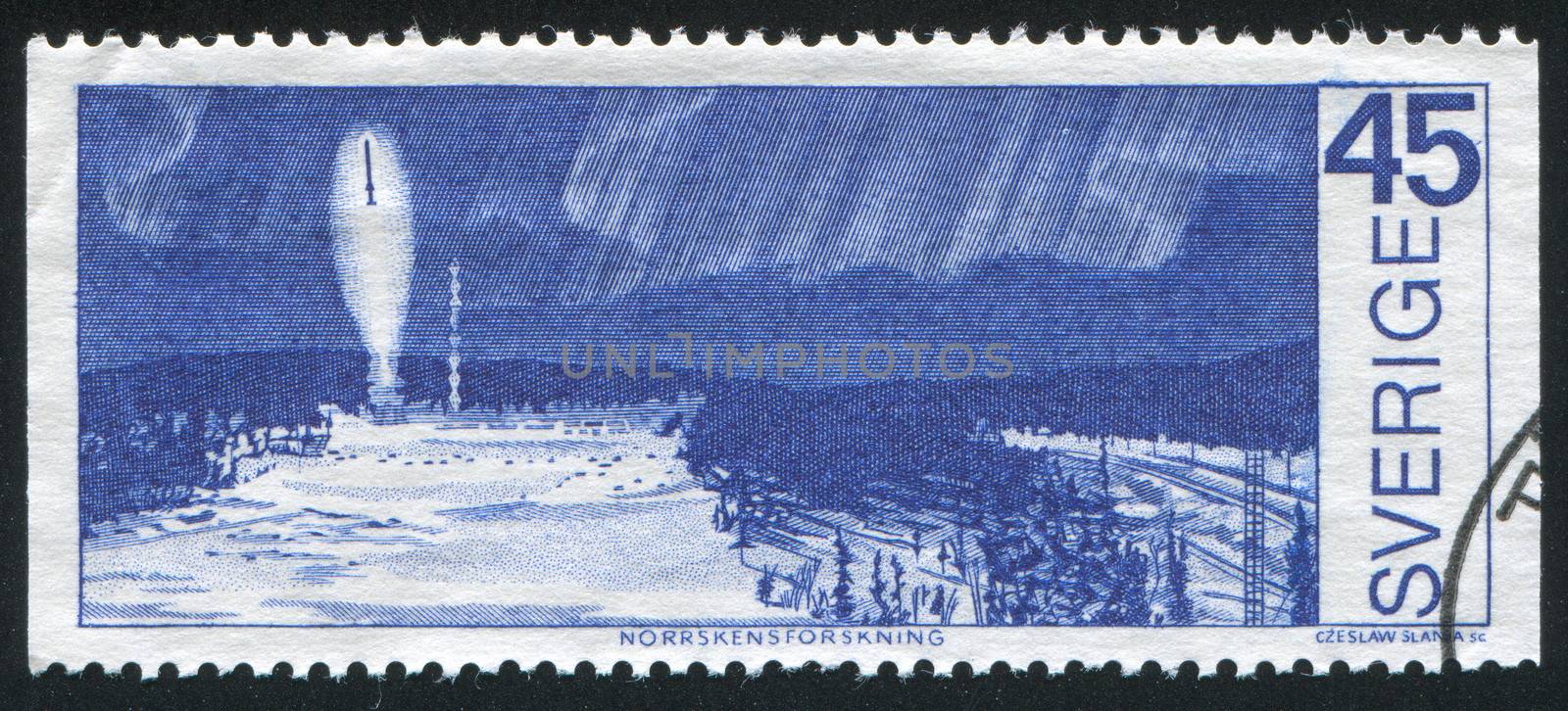 SWEDEN - CIRCA 1970: stamp printed by Sweden, shows Rocket probe under northern lights, circa 1970