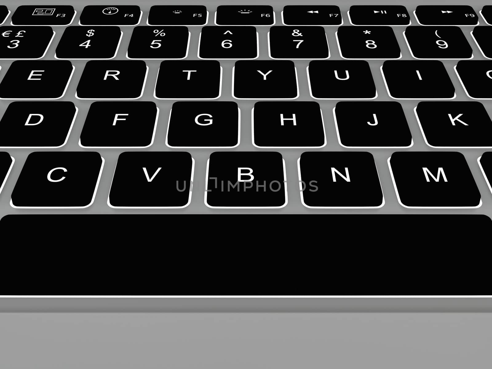 Top view of illuminated keyboard on modern laptop computer