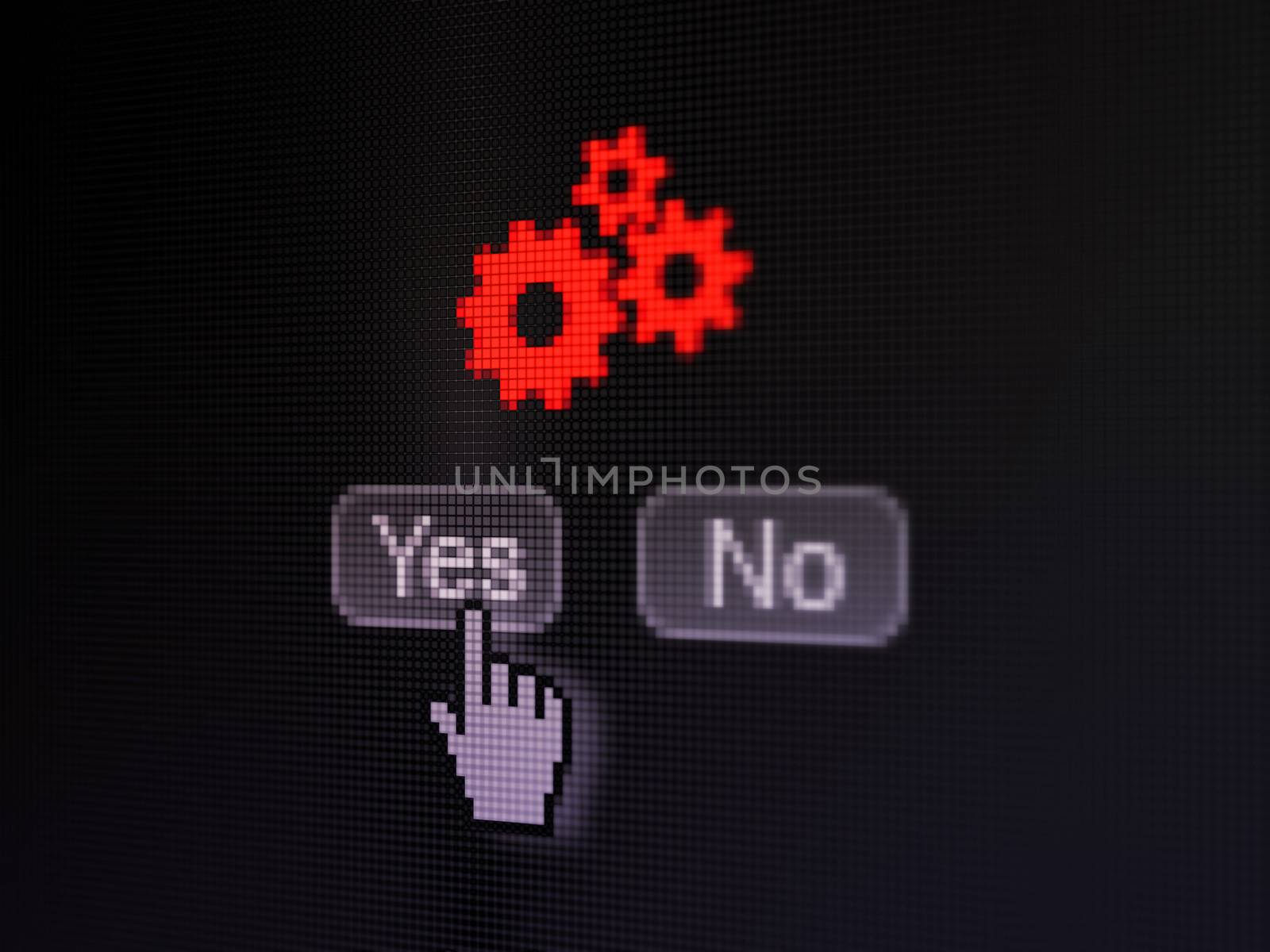 Marketing concept: buttons yes and no with pixelated Gears icon and Hand cursor on digital computer screen, selected focus 3d render