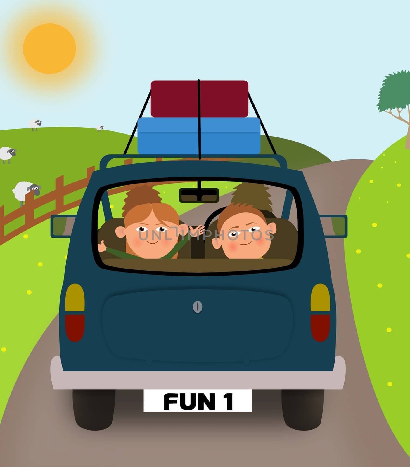 Illustration of a family going on holiday in a car