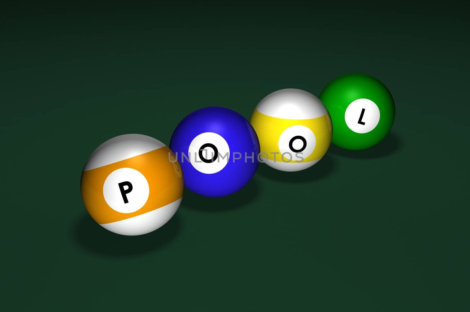 Illustration of pool balls with a letter on each spelling the word "pool"