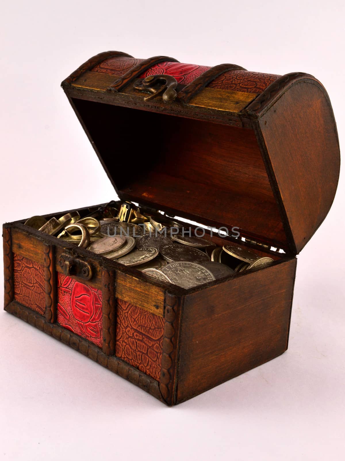 Treasure Chest With Silver coins on white background.