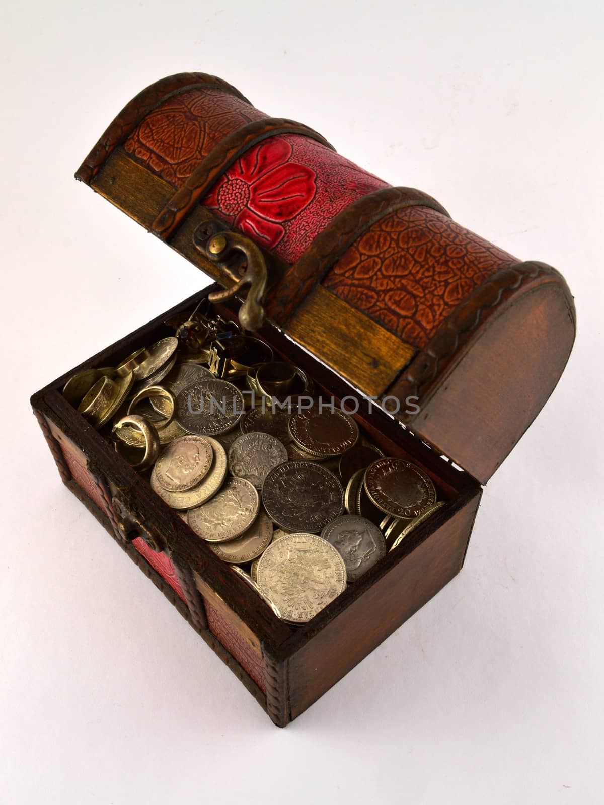 Treasure Chest With Silver coins on white background.