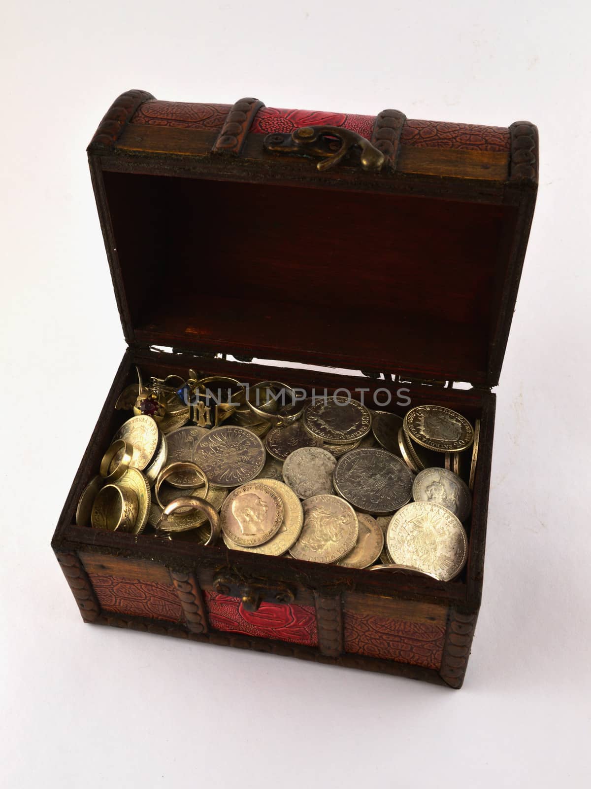 Treasure Chest With Silver coins on white background.
