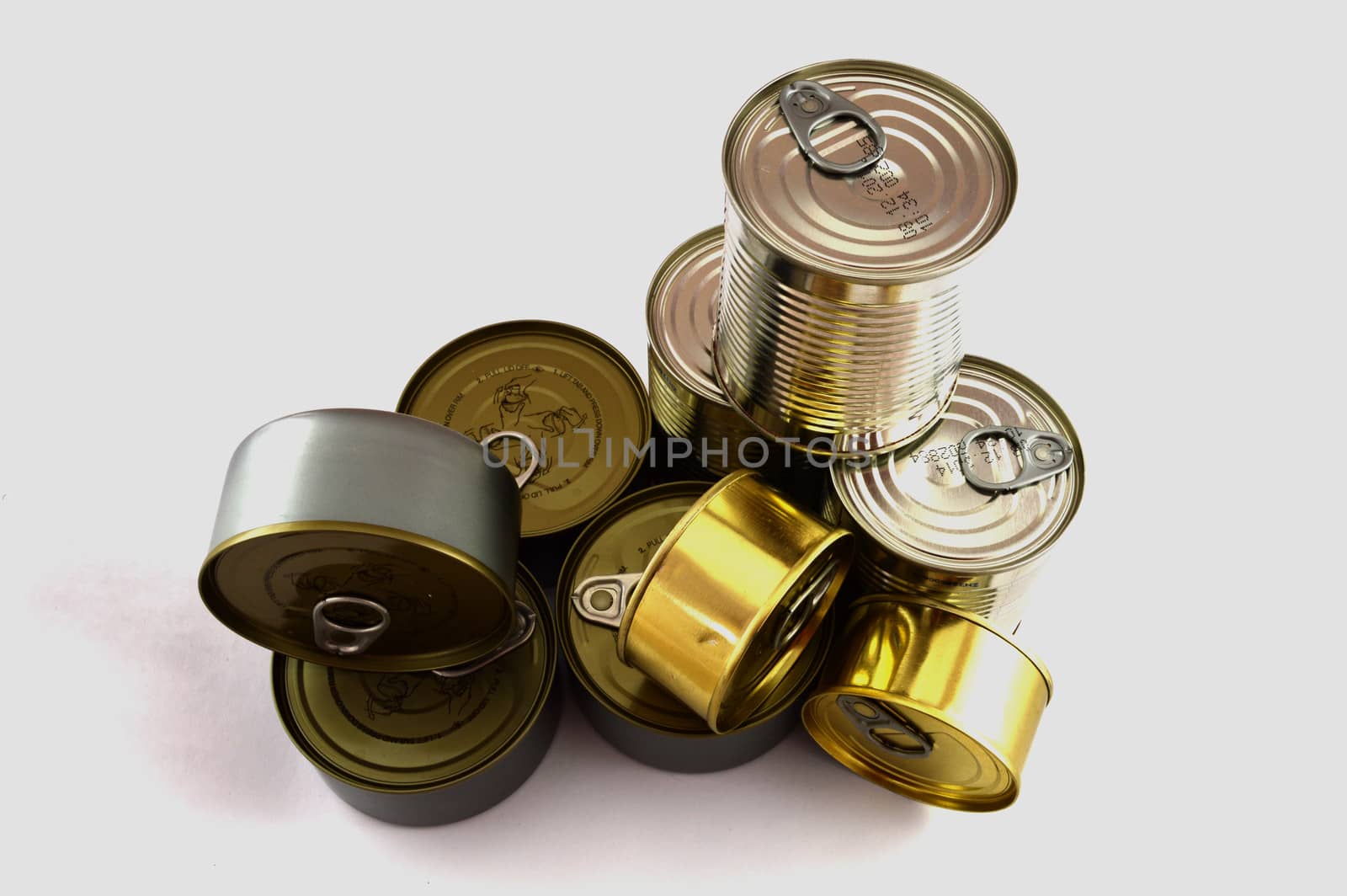 Several Tin Cans on White background.