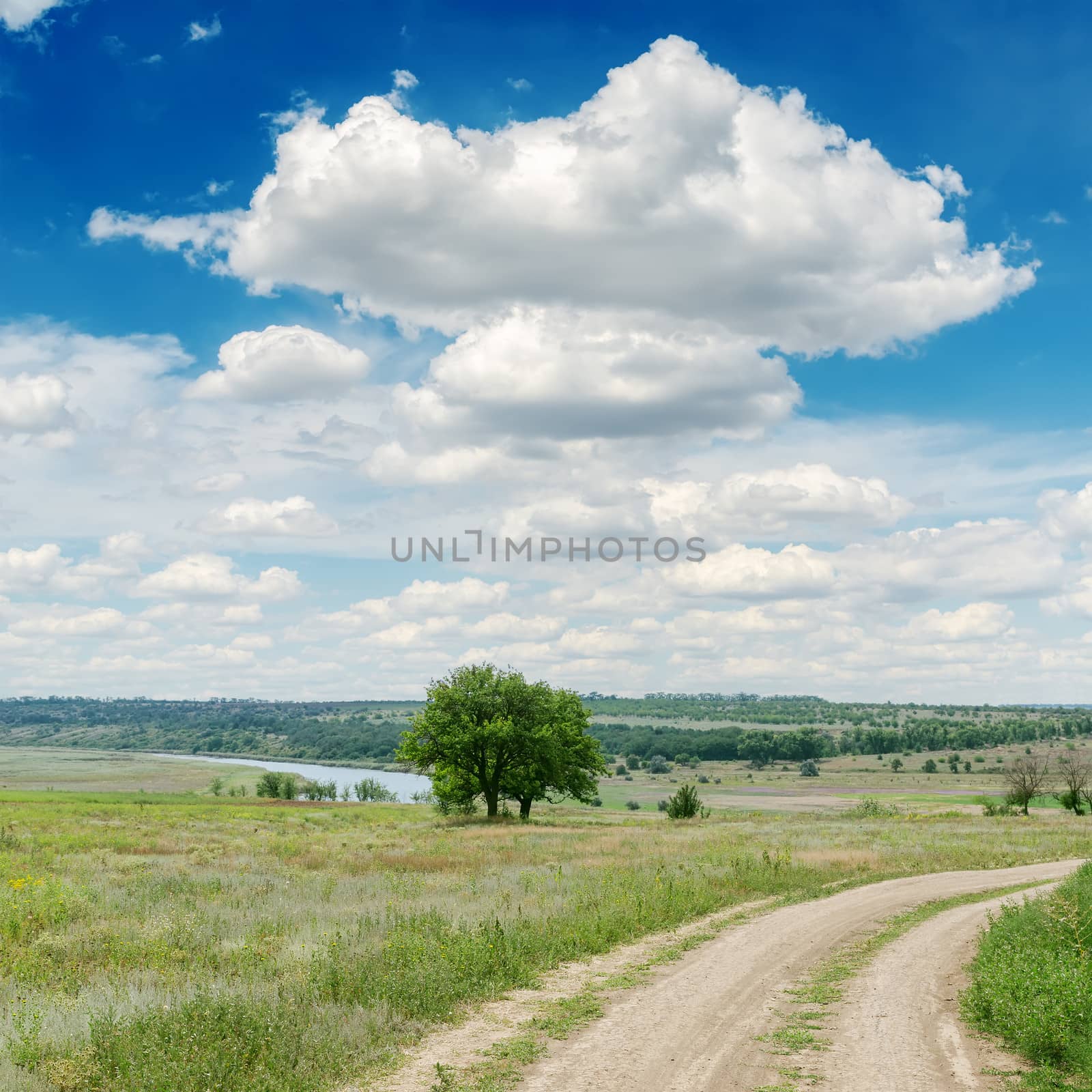 dirty road in green meadow and clouds over it