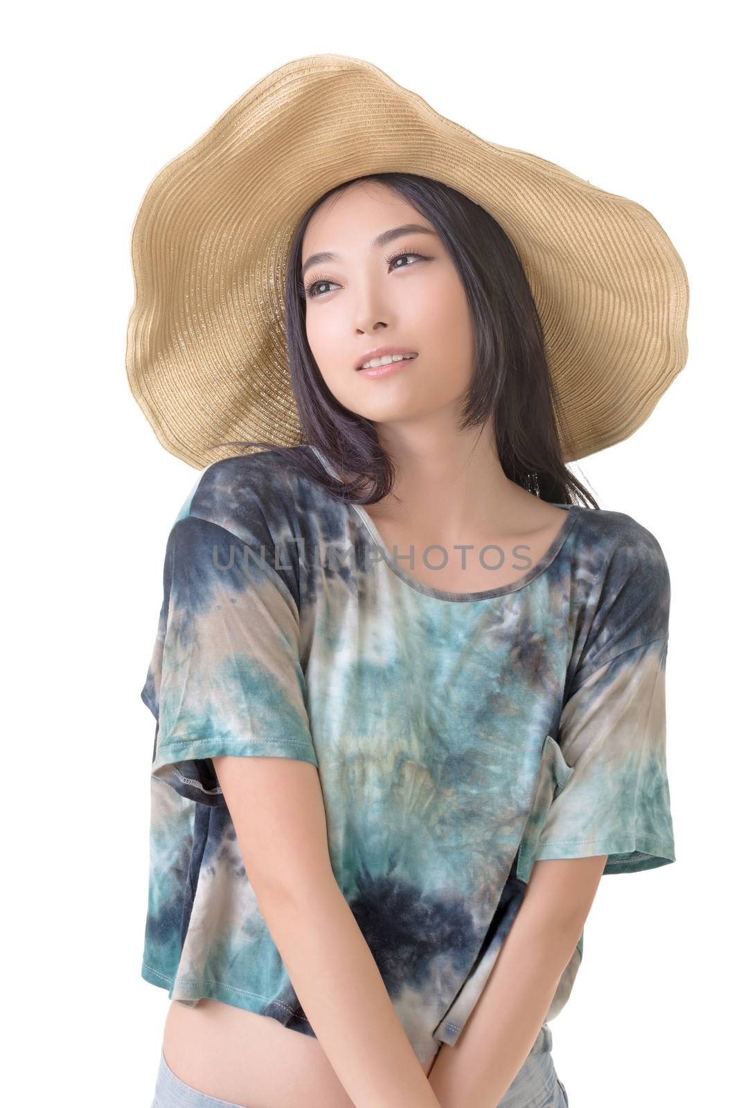 Glamour of Asian beauty with hat, closeup portrait.