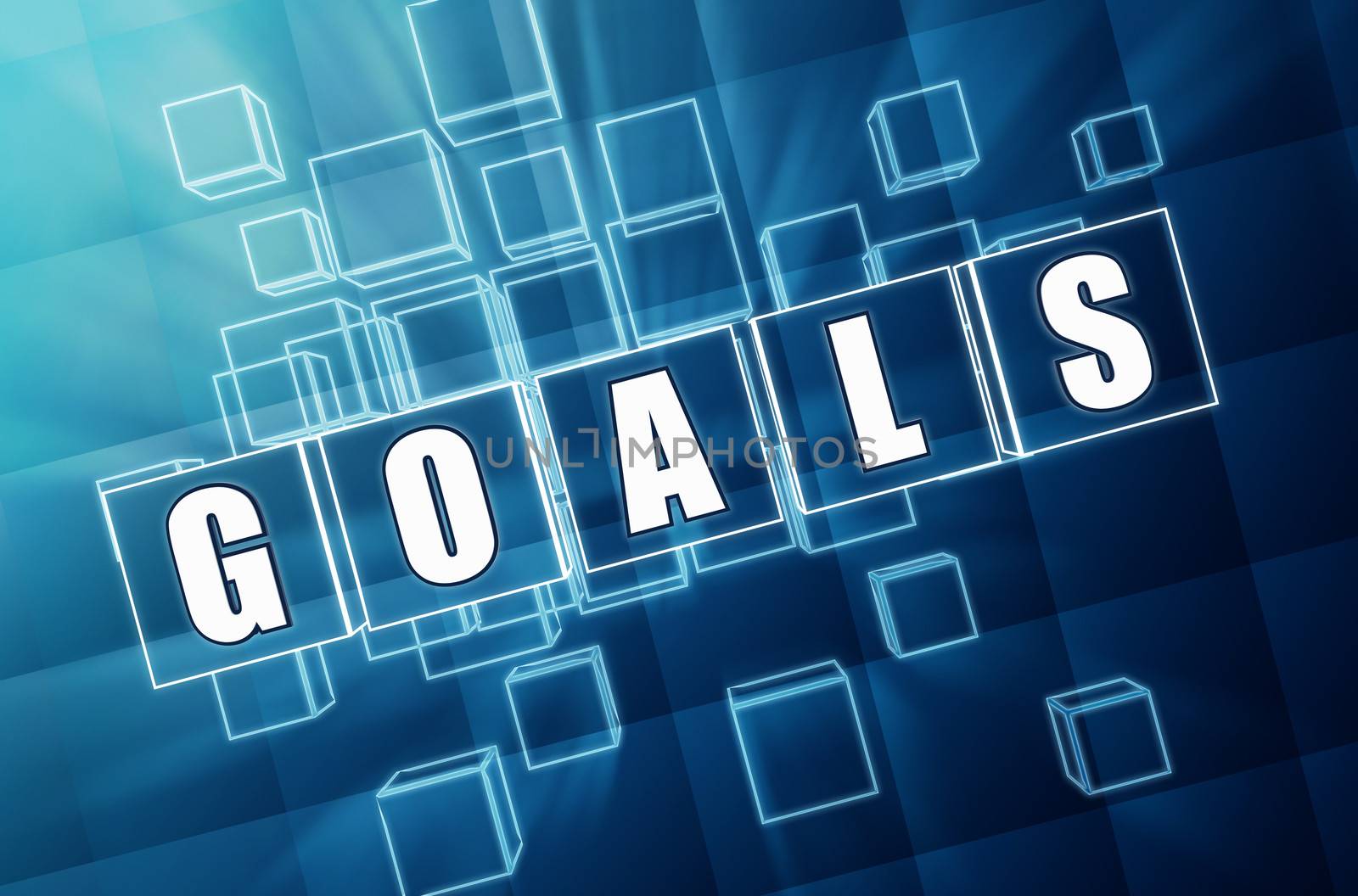 goals - text in 3d blue glass cubes with white letters, business success concept