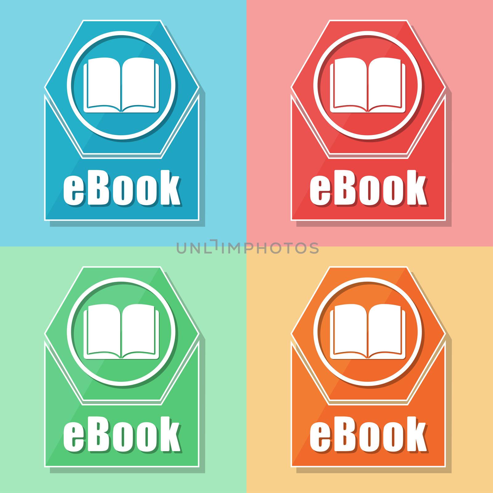 ebook and book symbol - four colors web icons, flat design, education concept