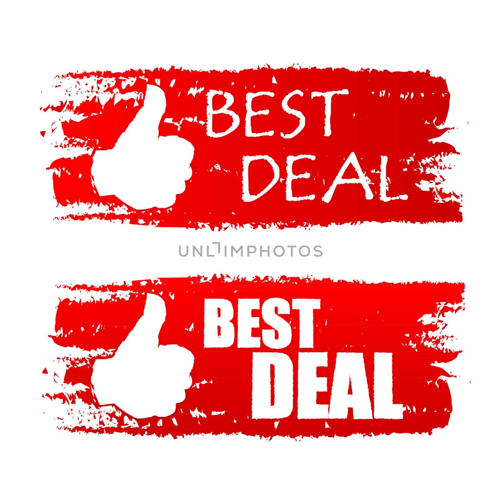 best deal banners - text in red drawn labels with white thumb up symbols, business shopping concept