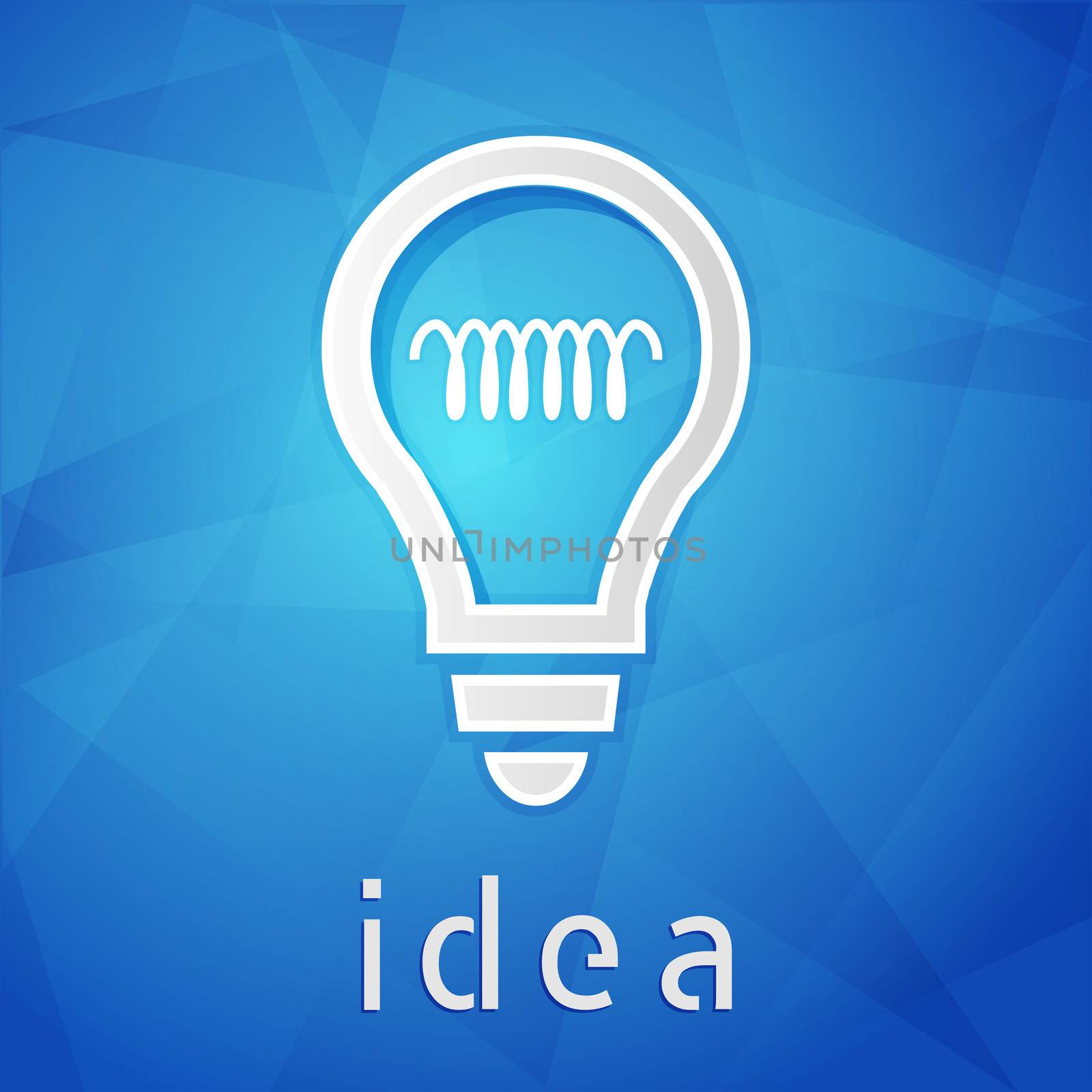 idea and light bulb sign - text over blue background with white symbol, concept web icon flat design