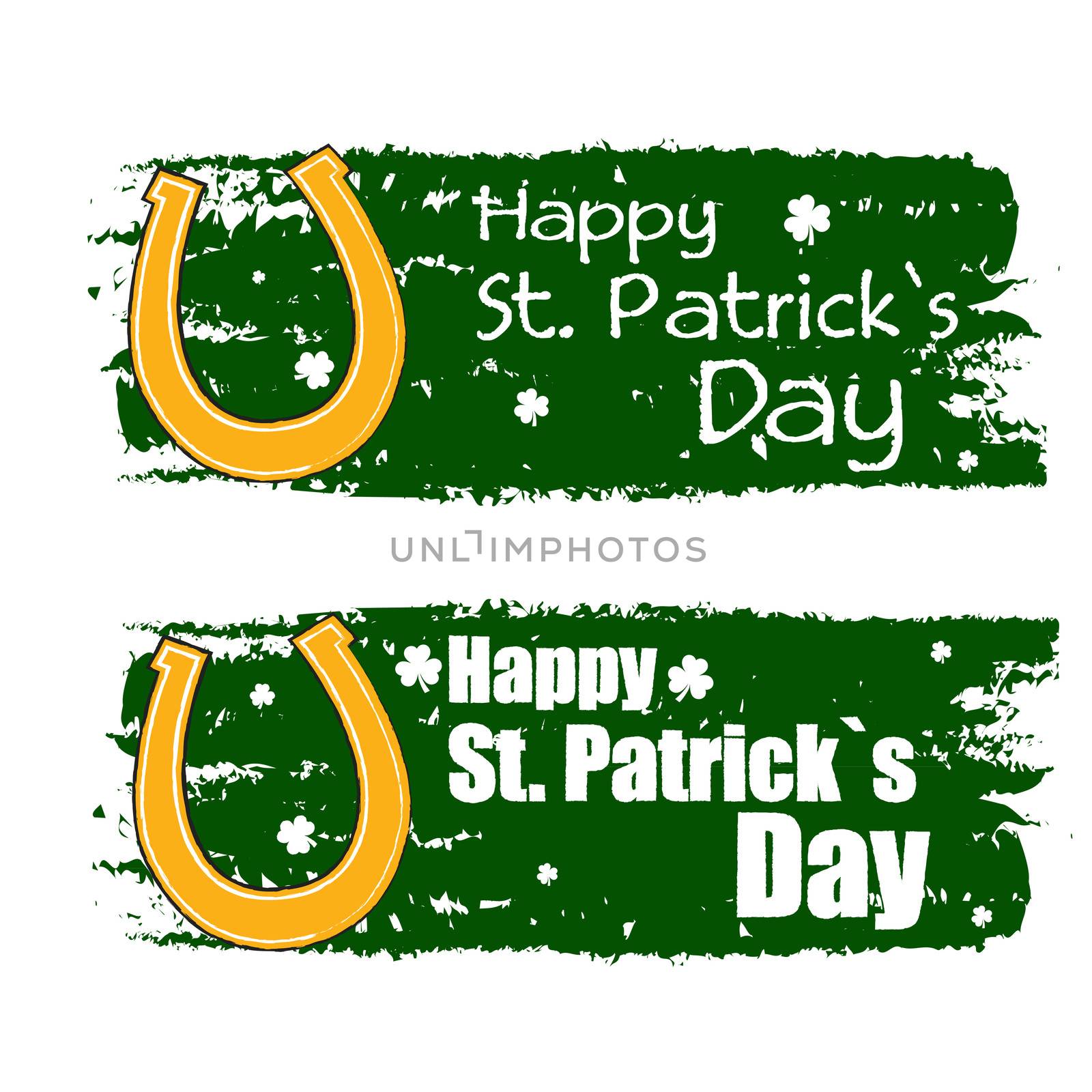 happy St. Patrick's day - text in green drawn banners with golden horseshoe symbol, holiday seasonal concept