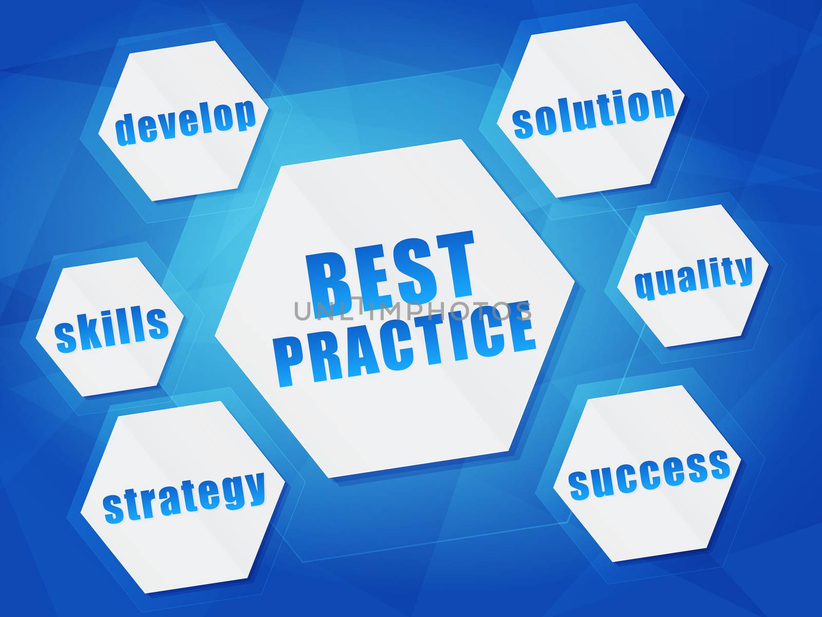 best practice and business concept words in hexagons over blue background, flat design