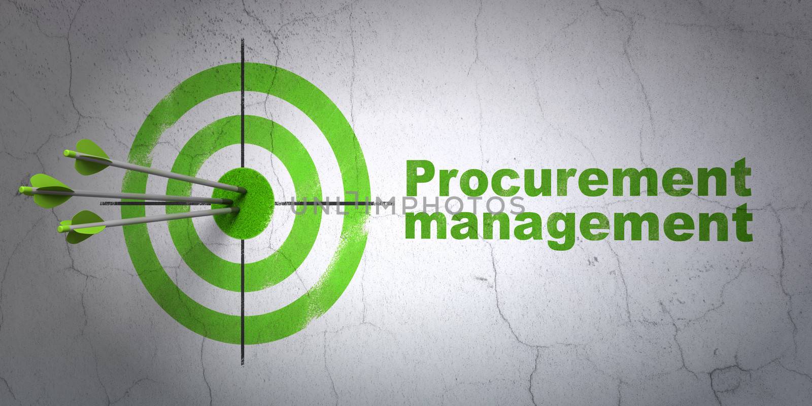 Success business concept: arrows hitting the center of target, Green Procurement Management on wall background, 3d render