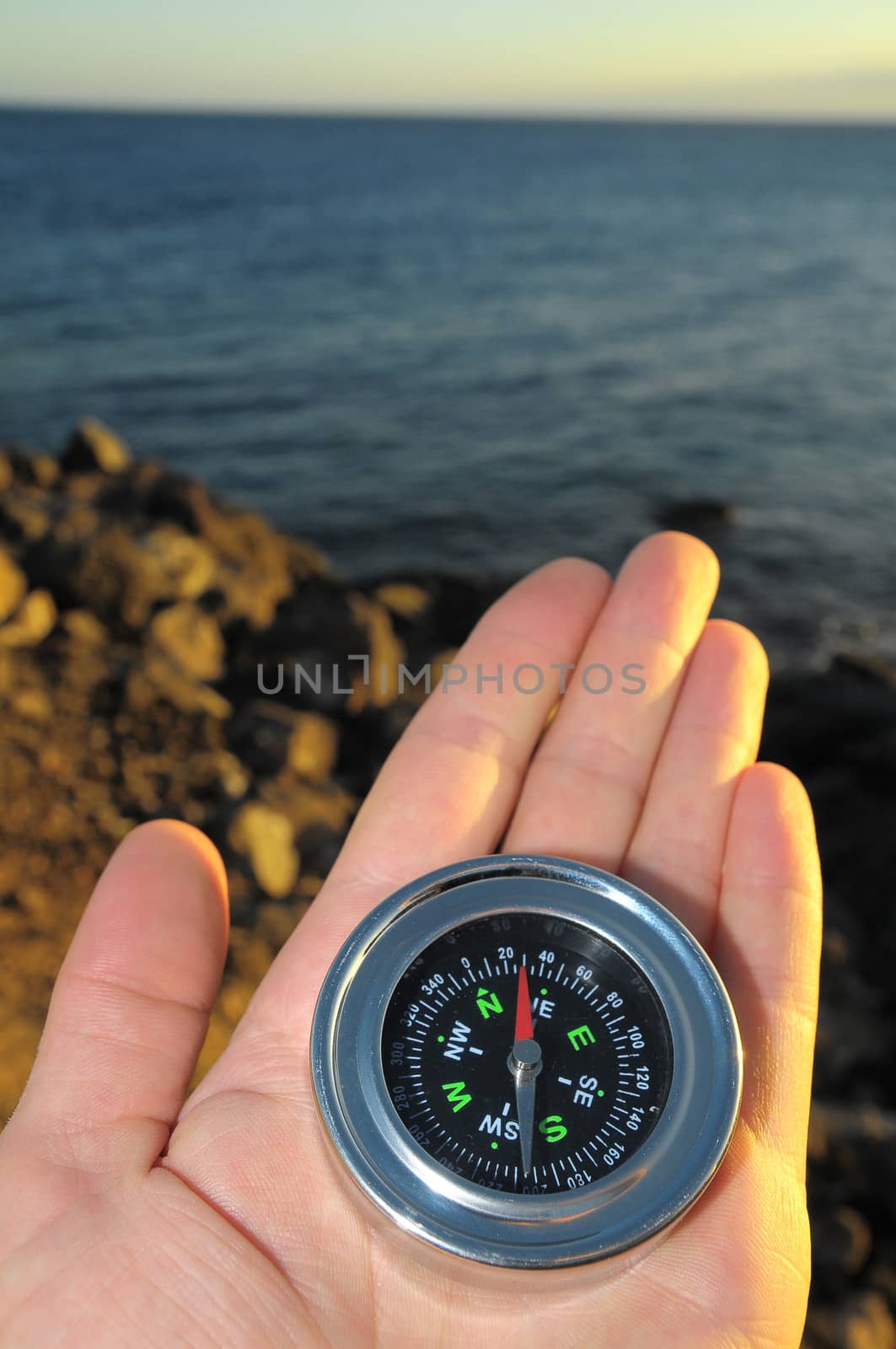 Orientation Concept Male Hand Holding a Metal Compass