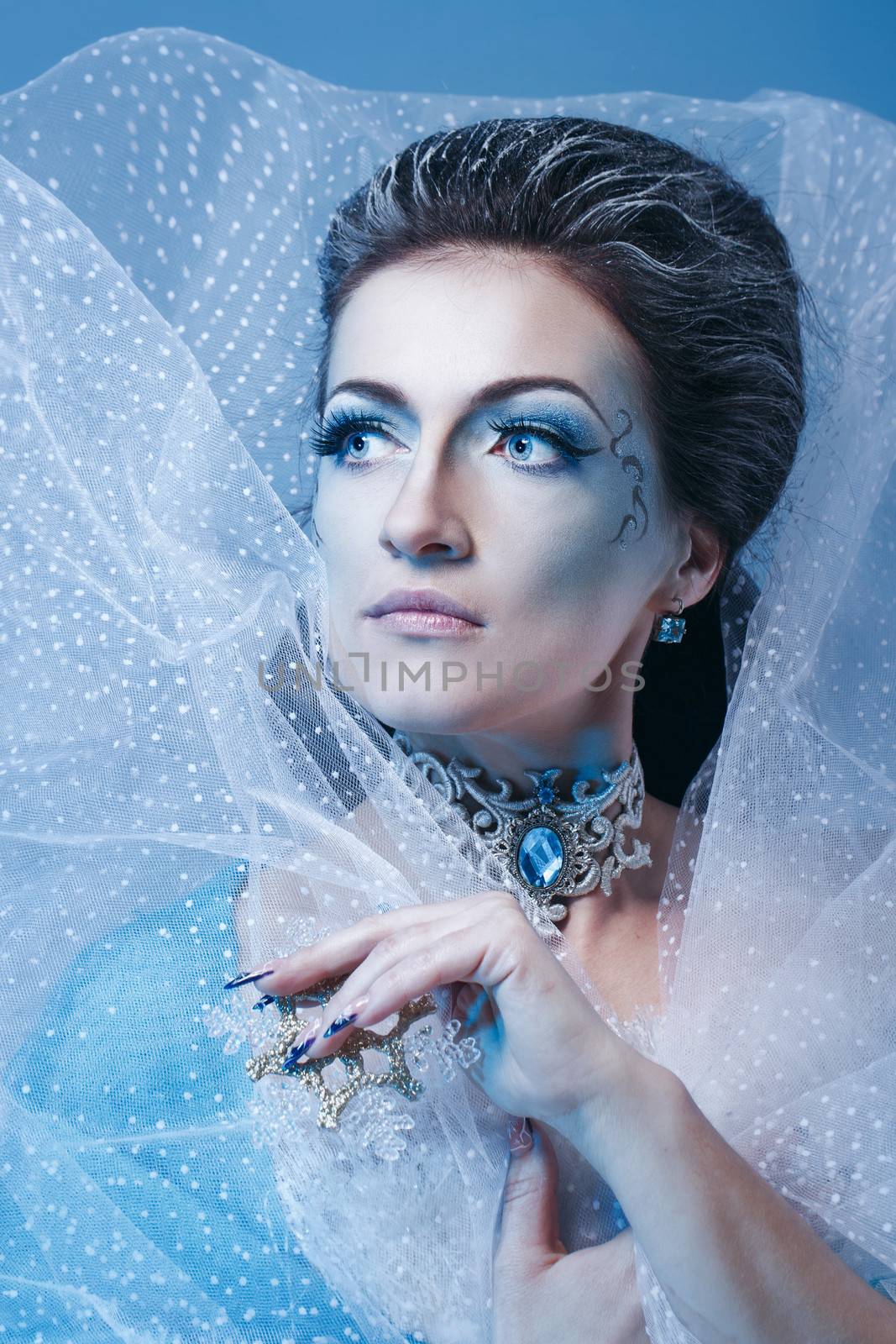 Attractive young girl with a theatrical makeup on the face in the image fabulous snow queen