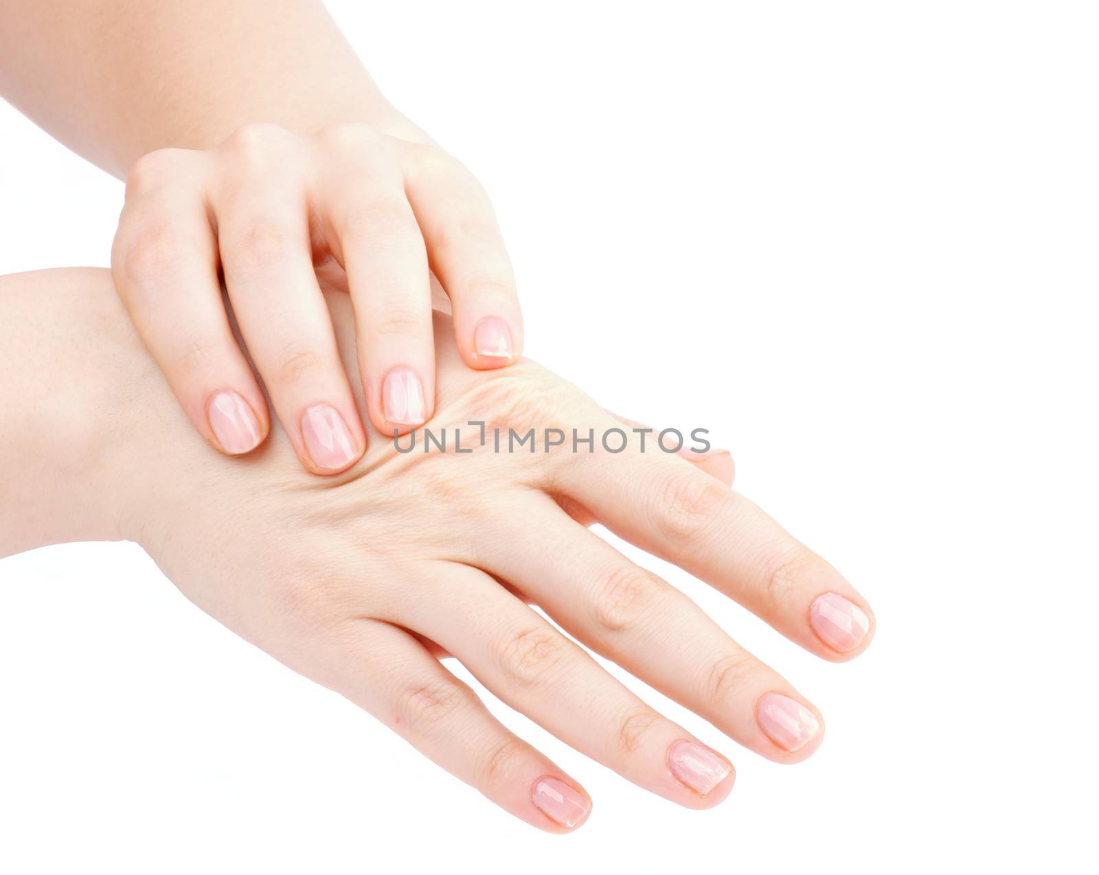 Woman's Hands Doing Self Massage by Bones of Handbreadth isolated on white background