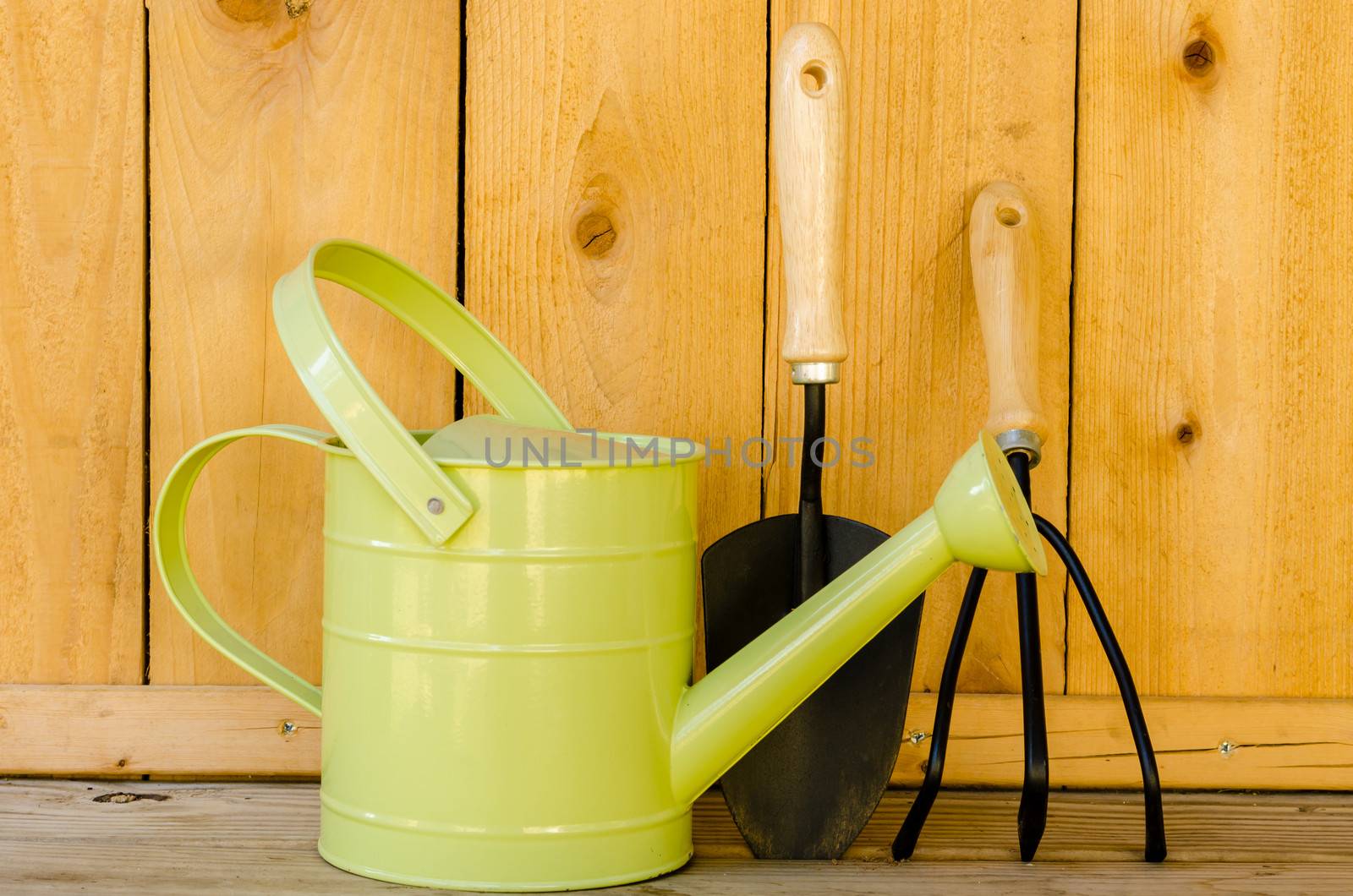 Garden tools with watering can, trowel, and hand cultivator on wood background.
