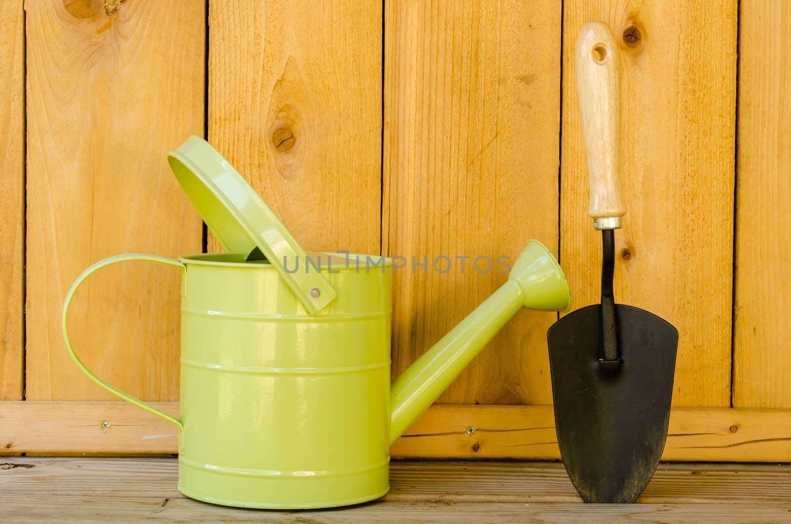 Watering can and trowel on wood background.