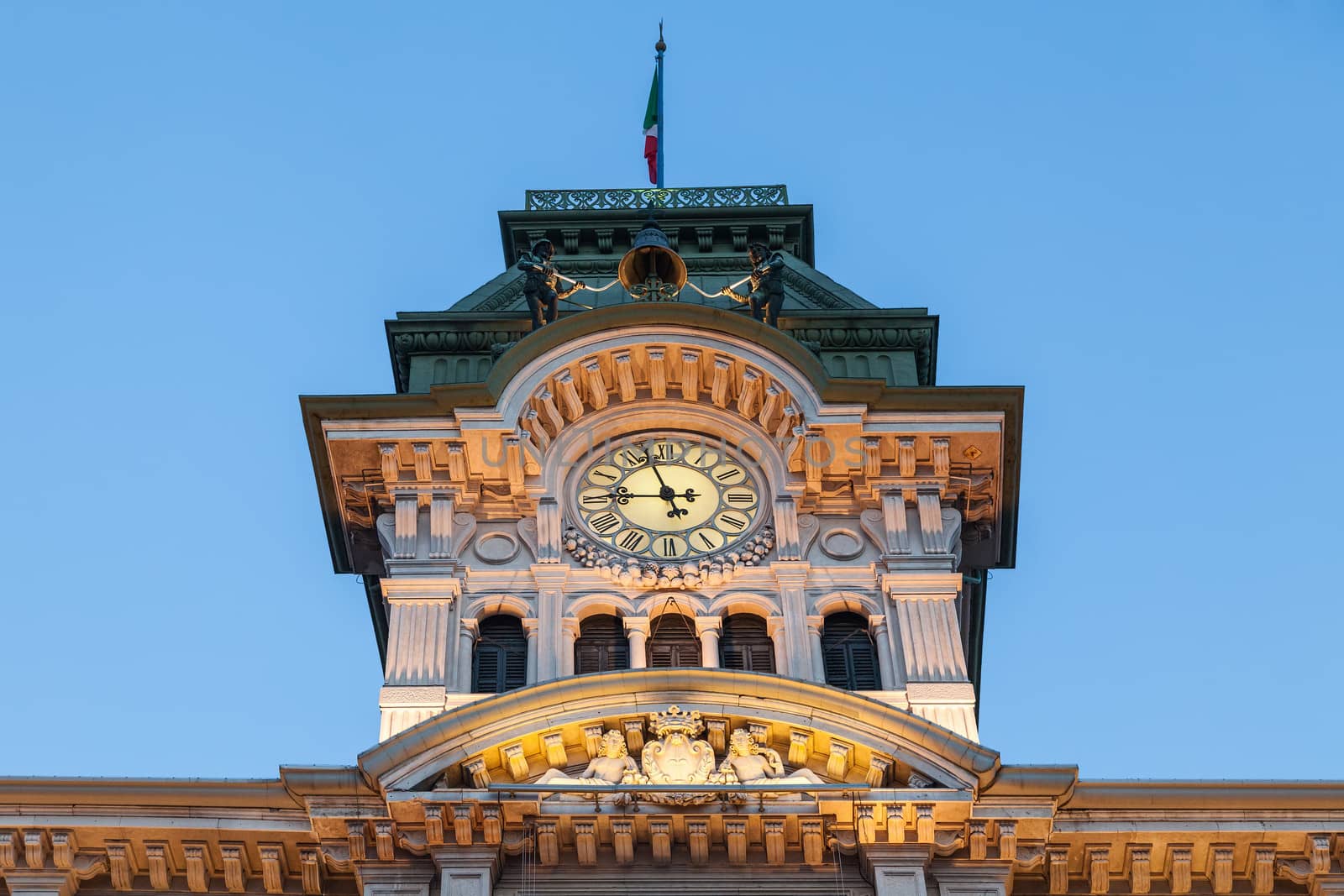 Tower of the Town Hall of Trieste with bronze statue