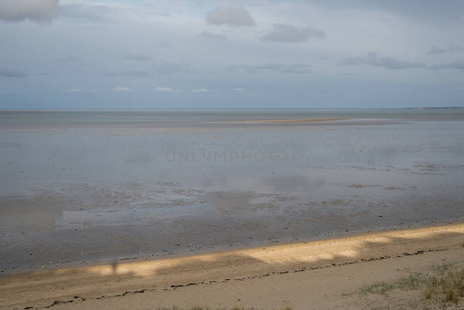 Wadden sea around the island Sylt in Germany at low tide with beach at the foreground