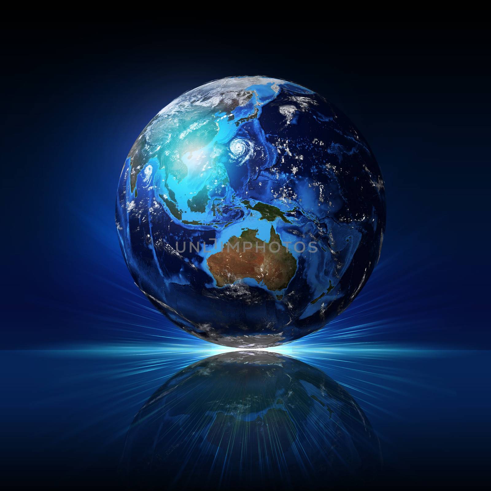 Earth planet on a reflective surface. Elements of this image are furnished by NASA