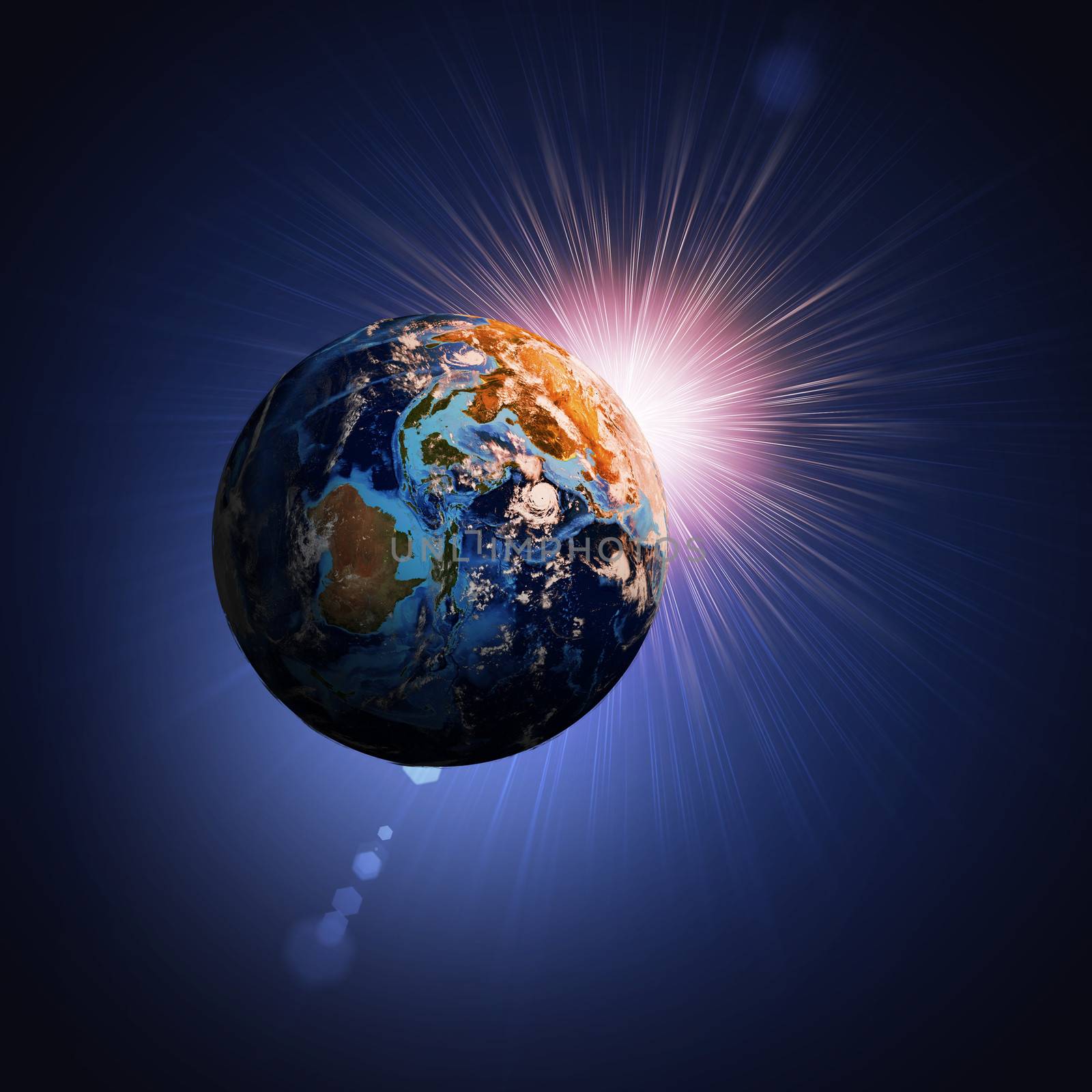 Earth planet in sun rays. Elements of this image are furnished by NASA
