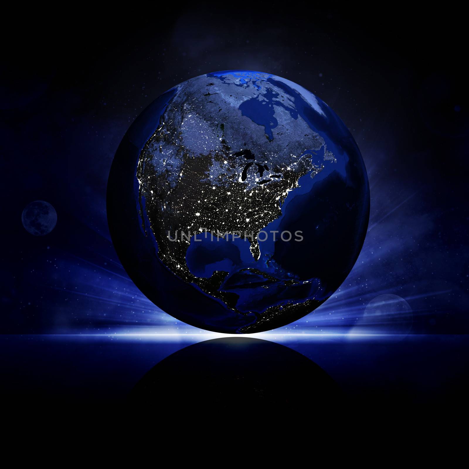 Earth planet on a reflective surface. Elements of this image are furnished by NASA
