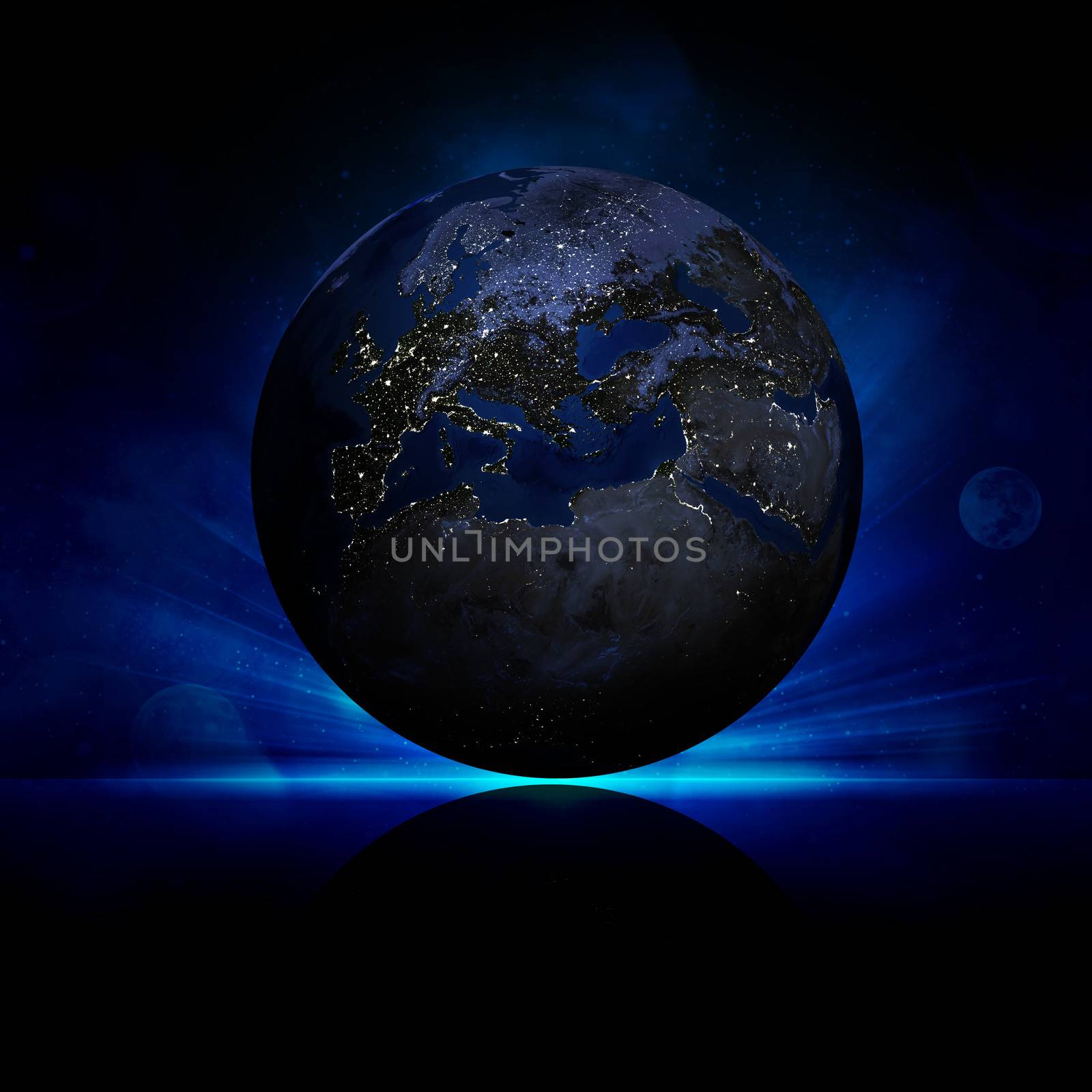 Earth planet on a reflective surface. Elements of this image are furnished by NASA