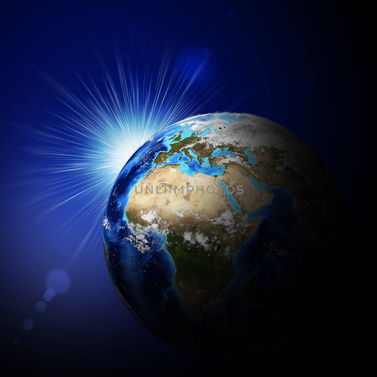 Earth planet in sun rays. Elements of this image are furnished by NASA