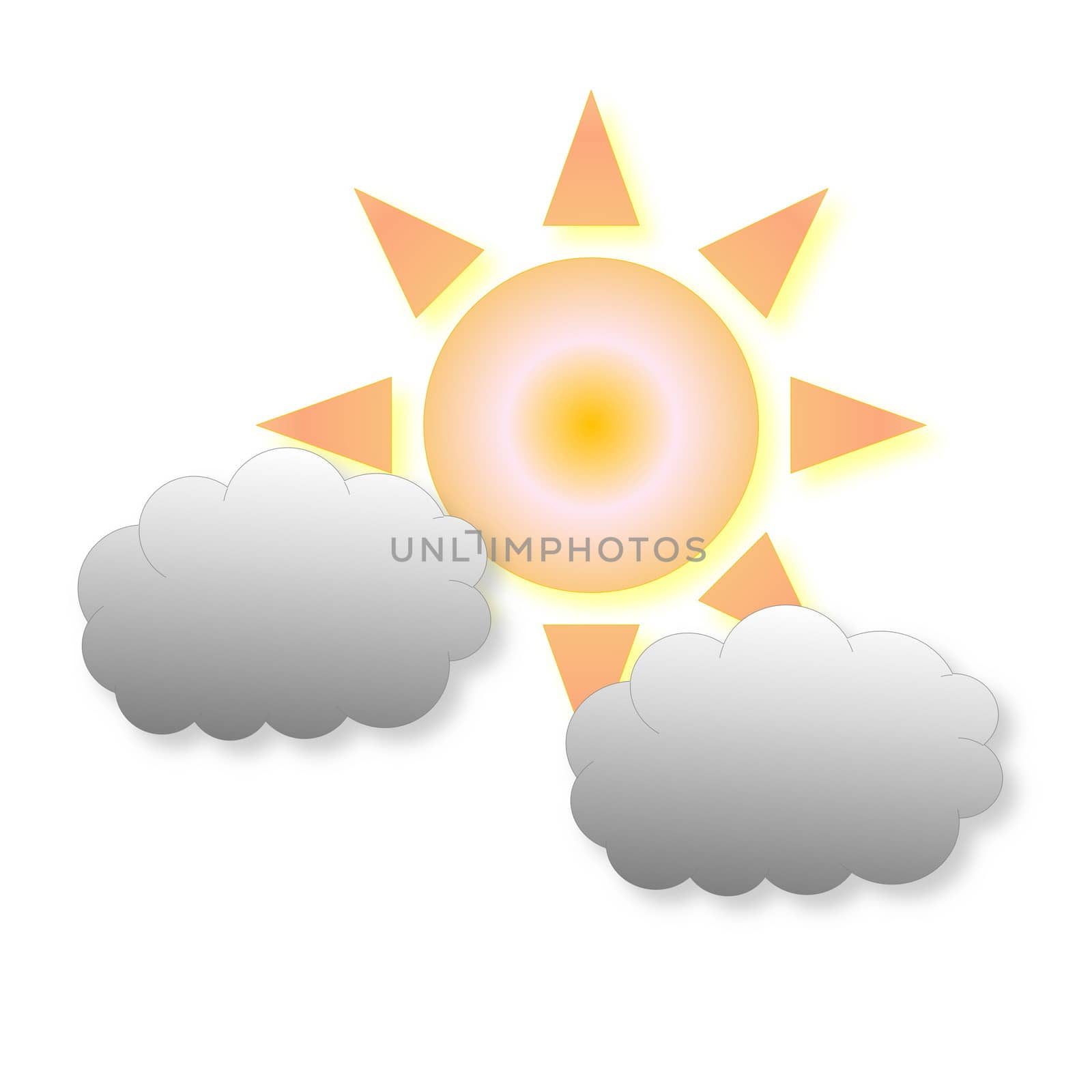 Two small grey clouds and sun as weather icon in white background