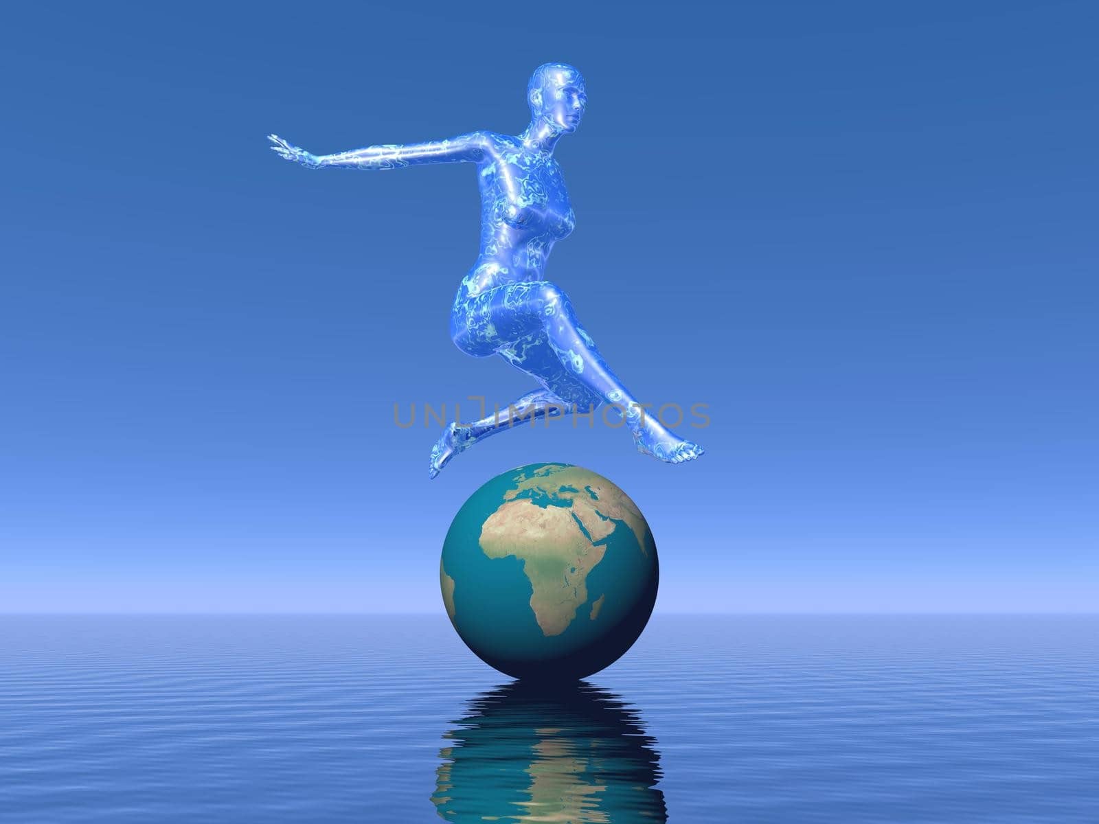 Silhouette of a female jumping upon earth in blue background