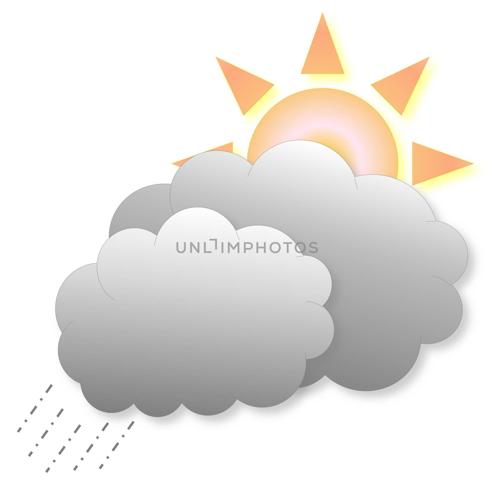 Two grey clouds with rain and sun as weather icon in white background
