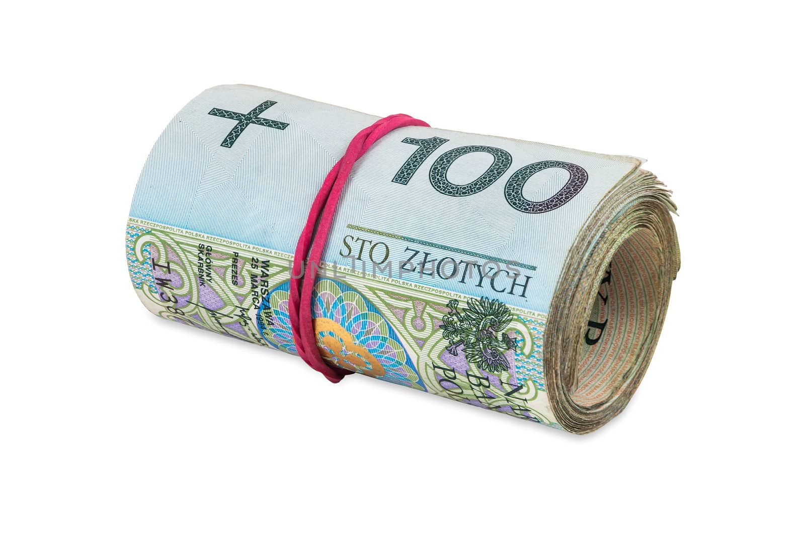 Polish banknotes of 100 PLN rolled with rubber by mkos83