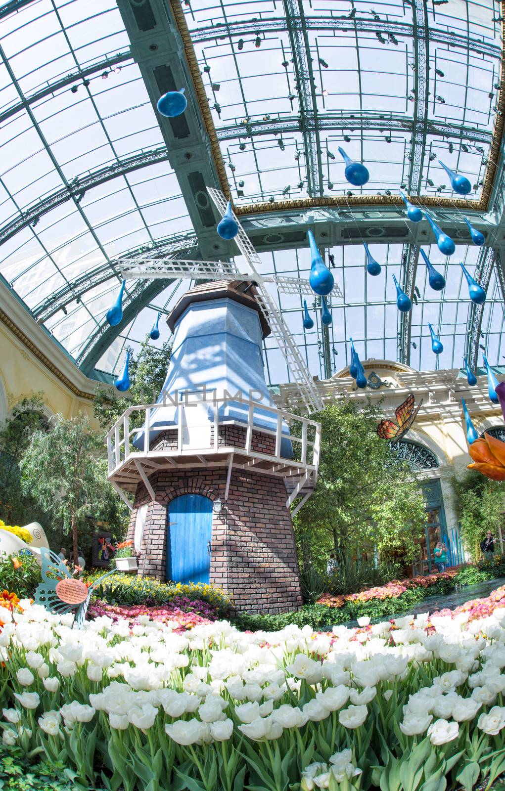 Colorful windmill and gardens at Bellagio Conservatory in Las Vegas