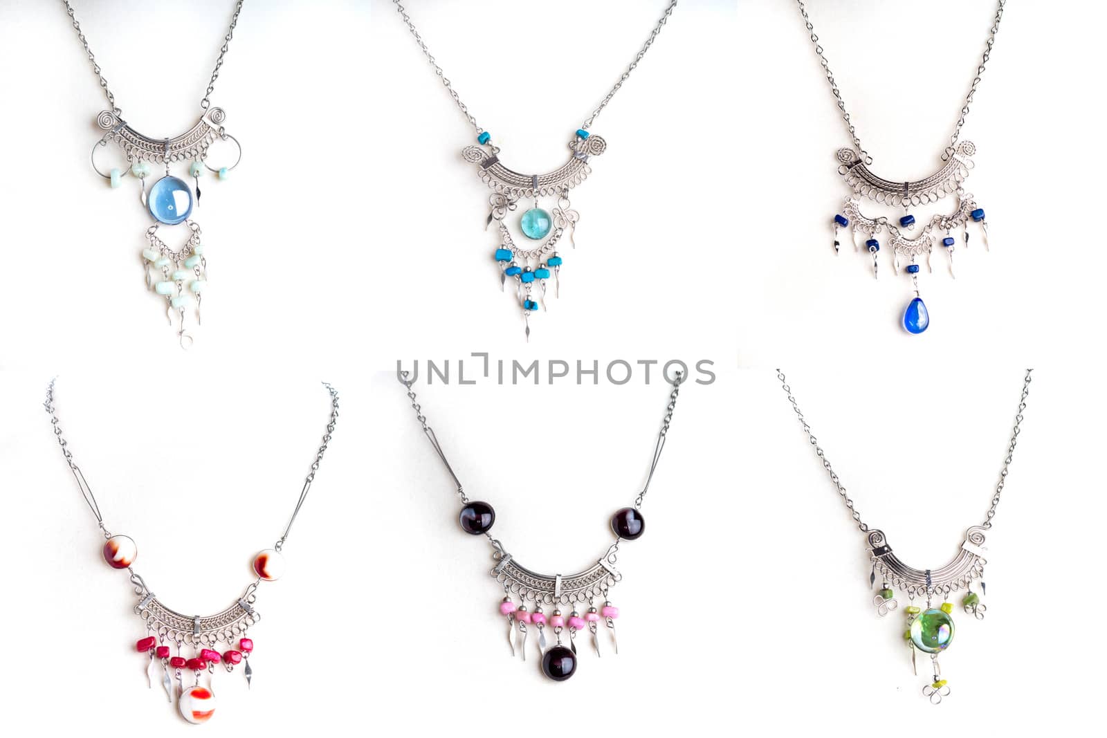 Set of 6 Peruvian beaded necklaces isolated on white background