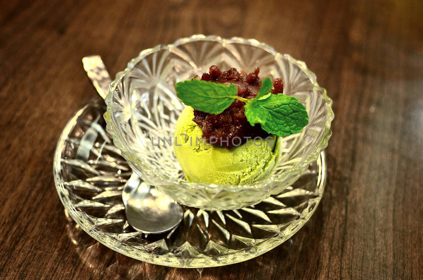 Green tea ice-cream with red bean topping in Japanese style