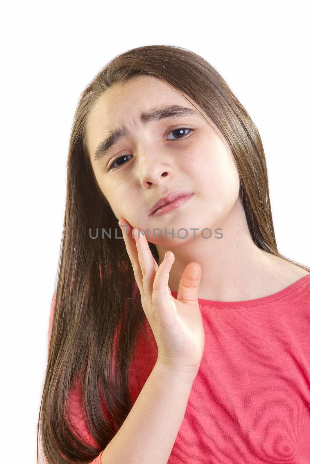 Girl child with toothache on white background