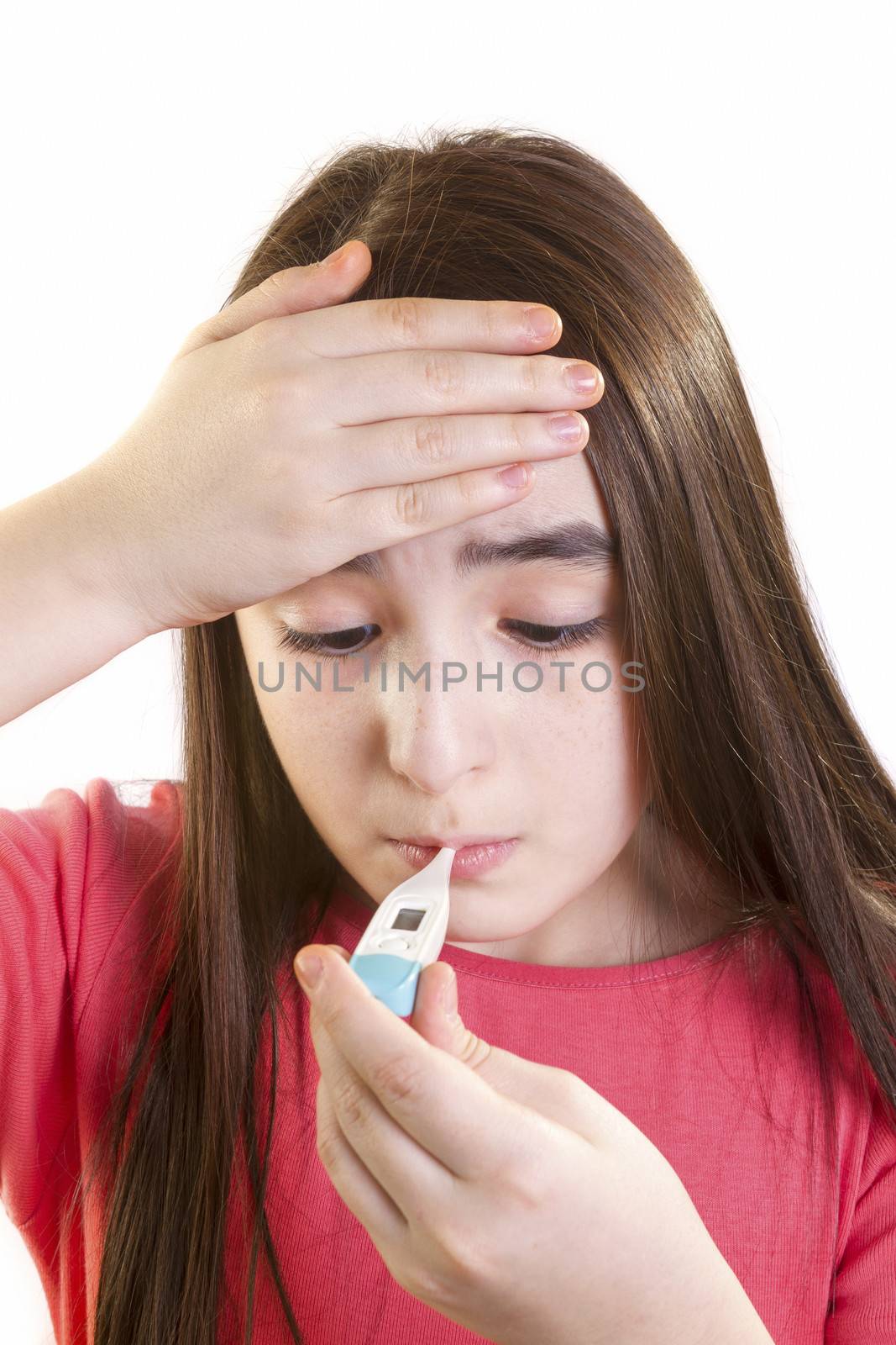 ill girl child with thermometer by manaemedia