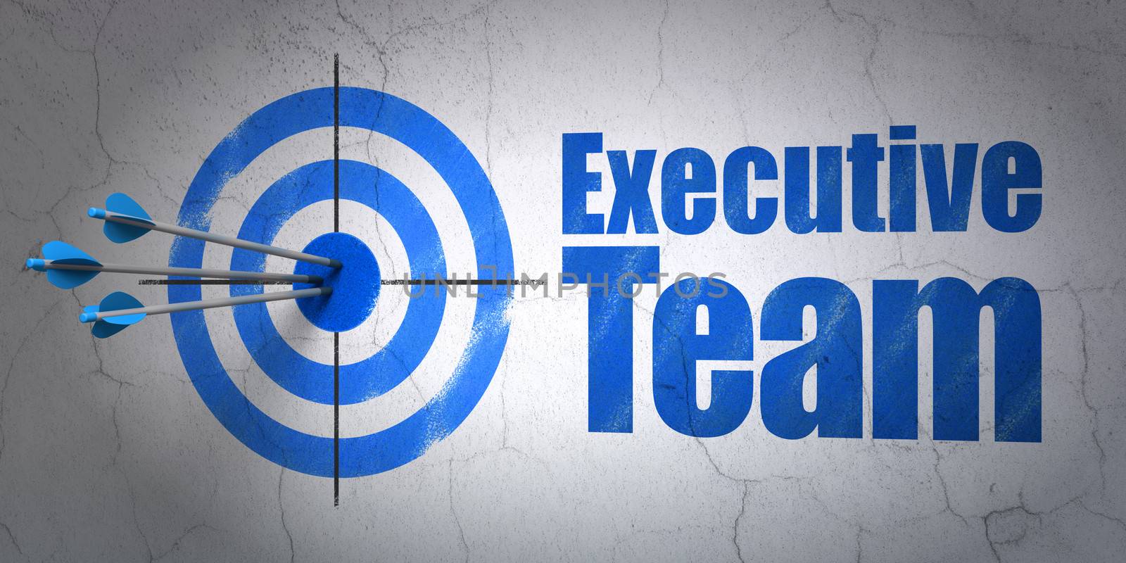 Success finance concept: arrows hitting the center of target, Blue Executive Team on wall background, 3d render