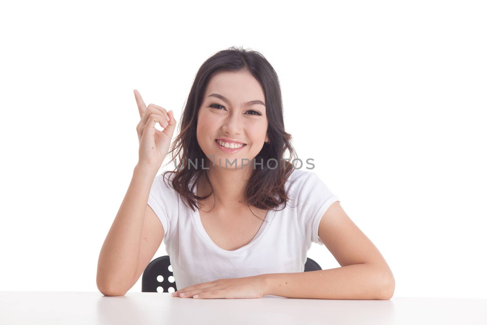 Asian woman isolated on white background. white t-shirt, sit on chair with table