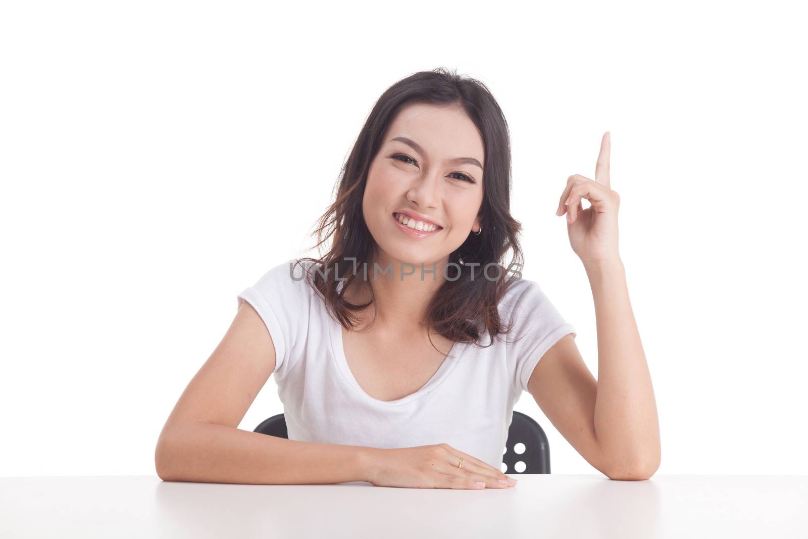 Asian woman isolated on white background. white t-shirt, sit on chair with table