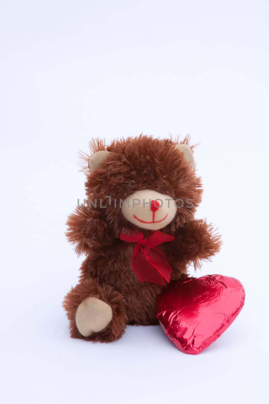 A Valentine's Day Teddy Bear with a red covered chocolate heart.