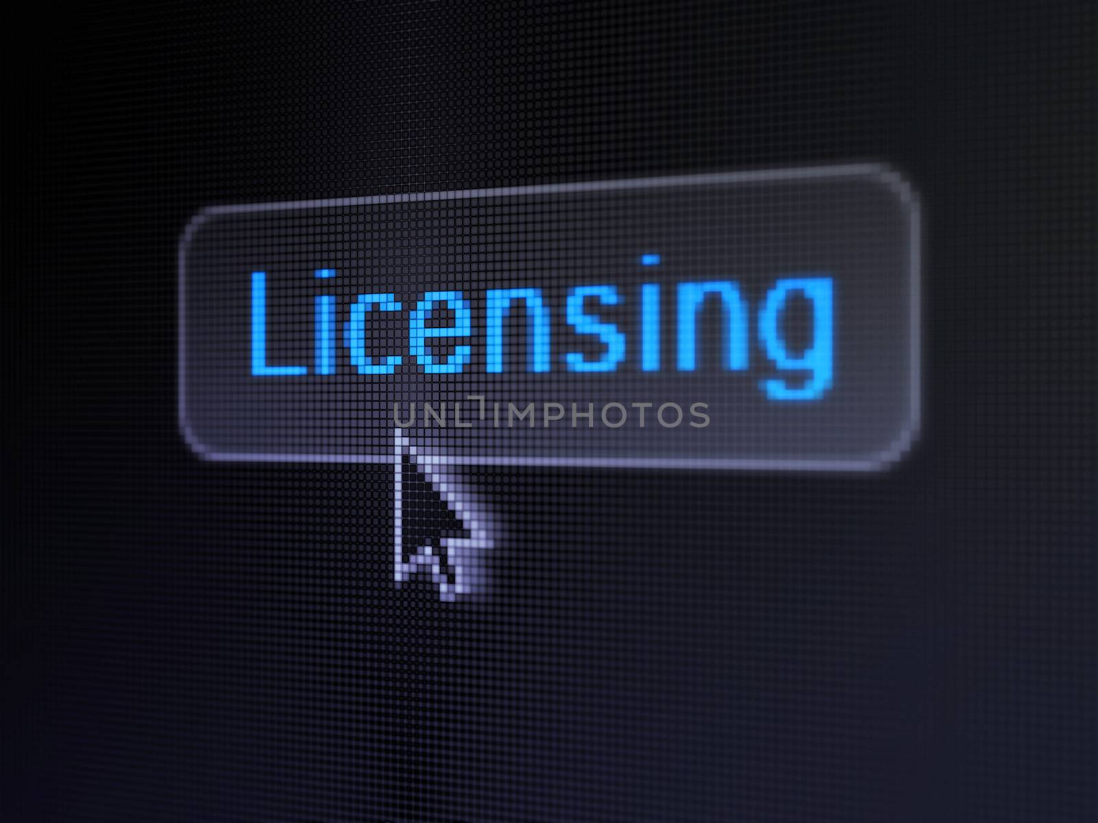 Law concept: pixelated words Licensing on button with Arrow cursor on digital computer screen background, selected focus 3d render