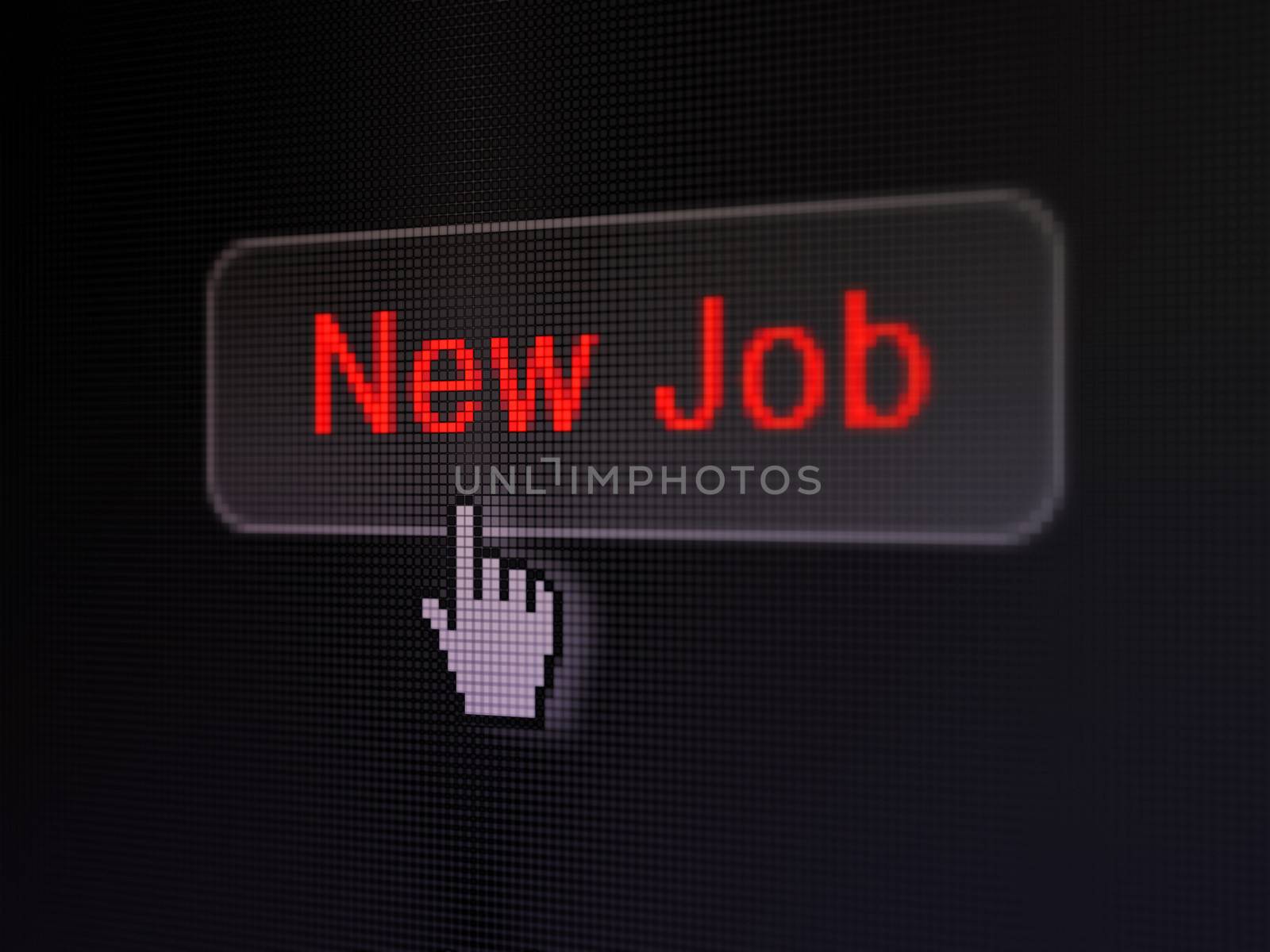 Finance concept: pixelated words New Job on button with Hand cursor on digital computer screen background, selected focus 3d render