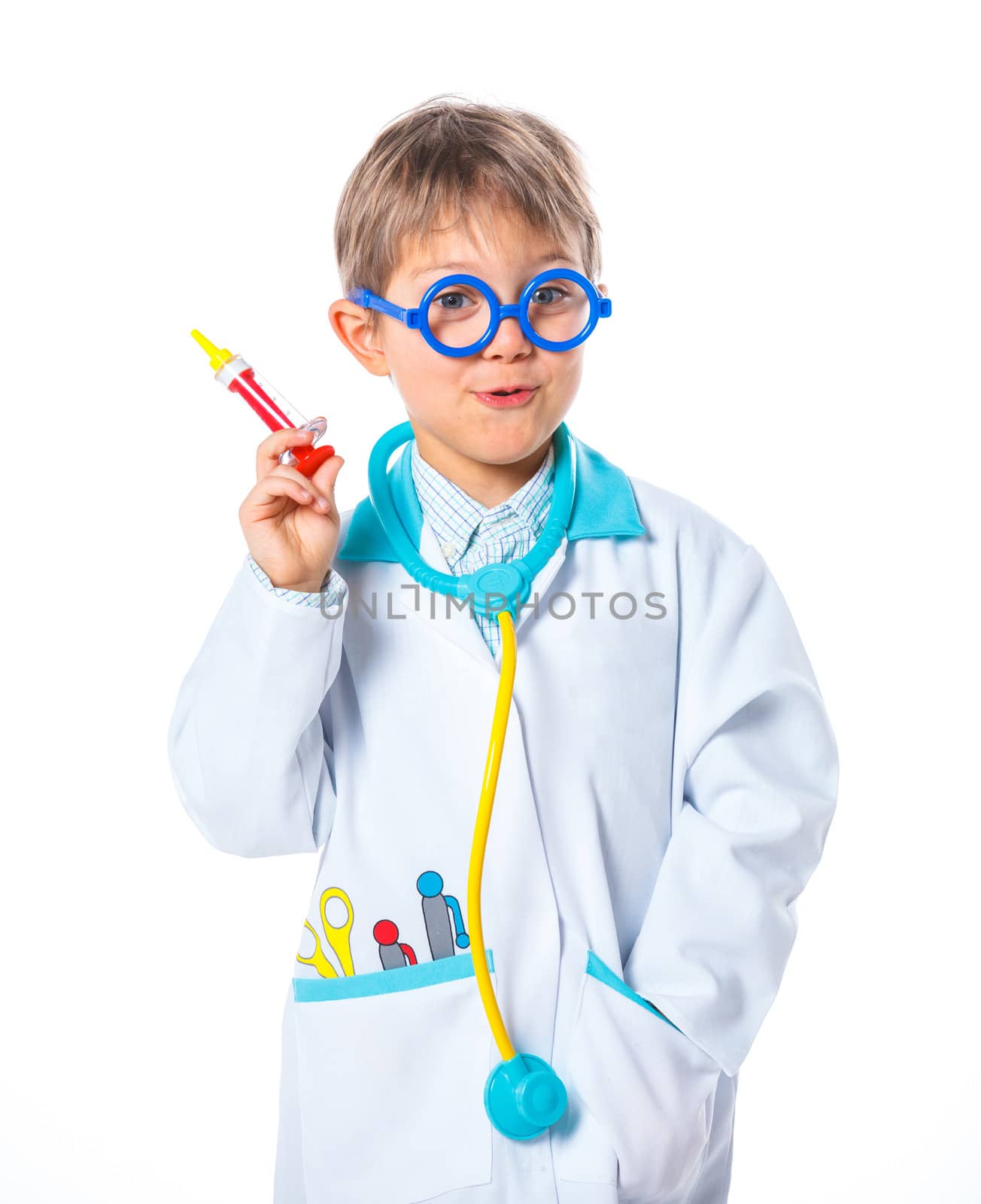 Portrait of a little smiling doctor with stethoscope and syringe. Isolated on white background