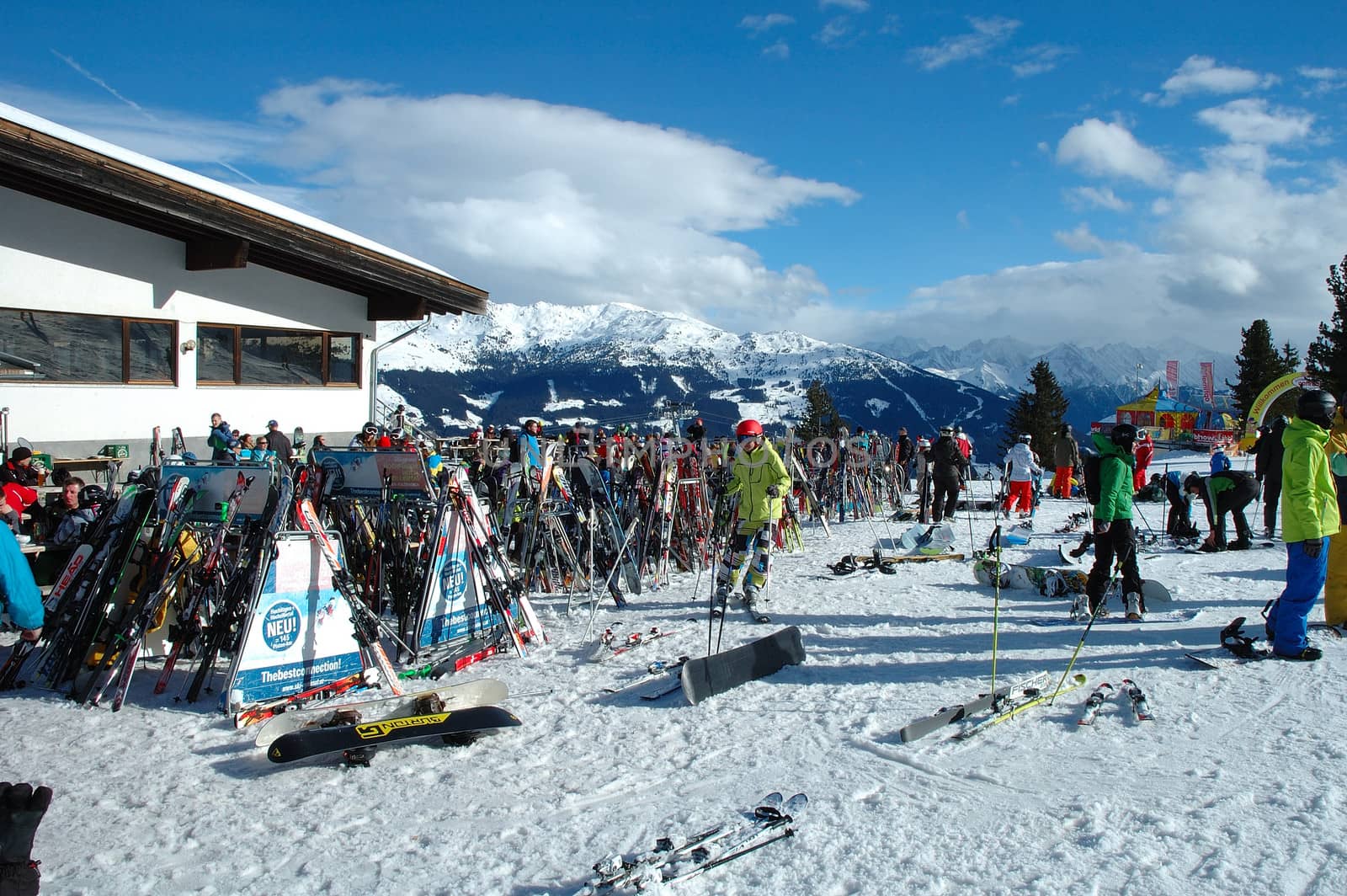 Kaltenbach, Austria - February 04: Ski and unidentified skiers nearby Kaltenbach in Zillertal in Austria 04.02.2014