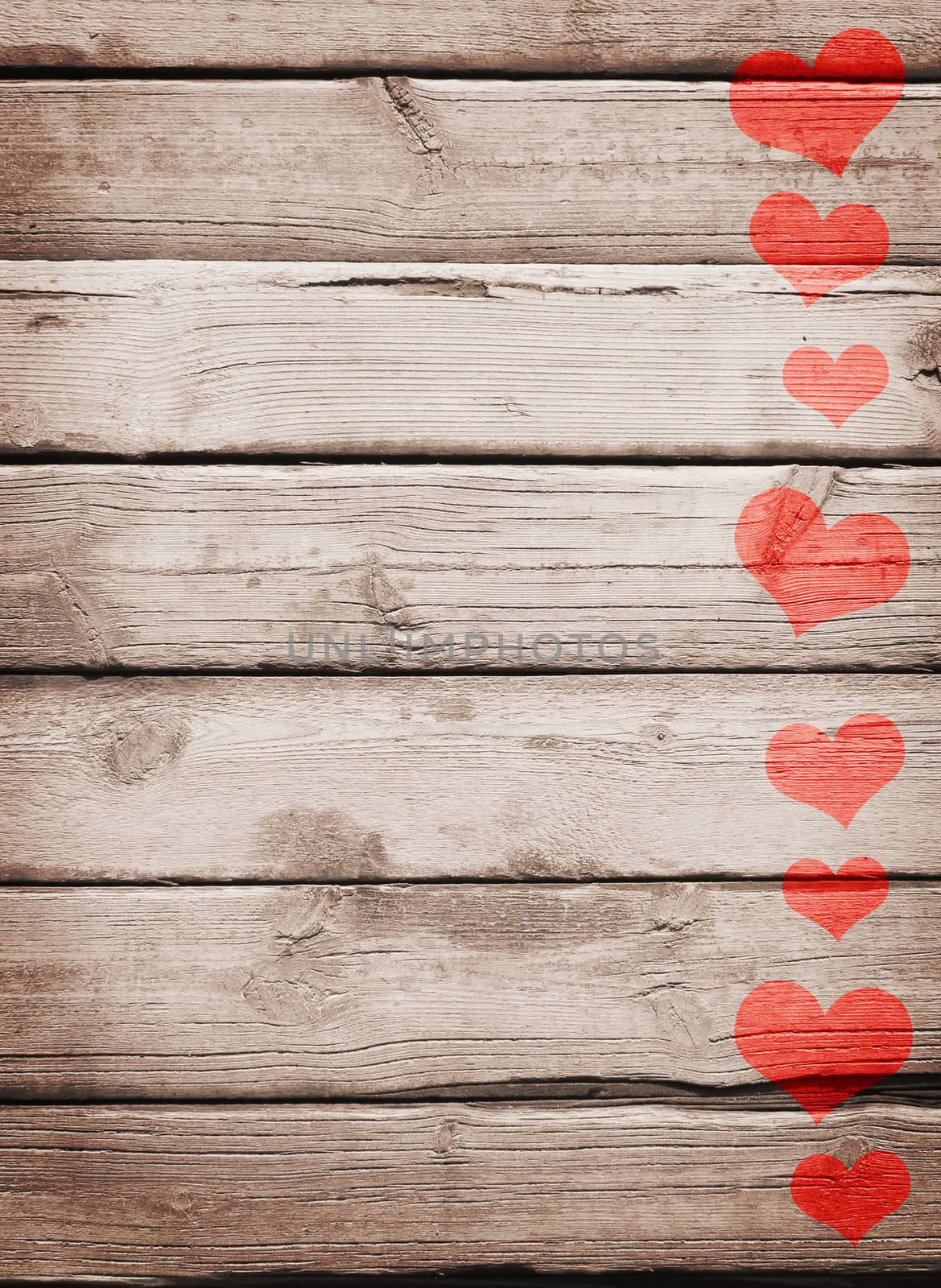 Red hearts painted on a wooden surface. The concept of Valentine's Day