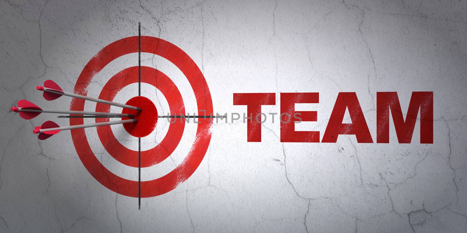 Success finance concept: arrows hitting the center of target, Red Team on wall background, 3d render